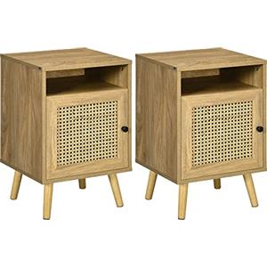 HOMCOM Set 2 Comodini per Camera da Letto, 2 Comodini Piccoli in Legno, Stile Boho, con Armadietto e Ripiano Aperto, per Camera da Letto, Soggiorno, 39x35x60 cm, Colore Legno