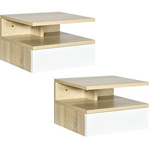 HOMCOM Set da 2 Comodini Sospesi per Camera da Letto, 2 Comodini per Camera da Letto, Moderni e di Design, con Cassetto e Mensola Superiore in Legno, 35x32x22.5cm, Multicolor
