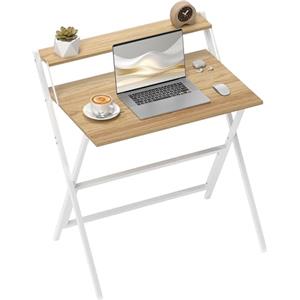 HOMCOM Scrivania Salvaspazio Pieghevole con Ripiano per Monitor, Tavolo per Computer Piccola e Richiudibile da Ufficio e Studio, in Acciaio, 81.5x62x86.5 cm, Color Legno