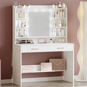 Hzuaneri Toeletta da Trucco, con specchio e luce LED, Moderno con Specchio, Postazione Make-up con Mensole Aperte e 2 Cassetti, per camera da letto, soggiorno, 40 x 100 x 149 cm, Bianco DT38703X