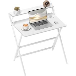 HOMCOM Scrivania Salvaspazio Pieghevole con Ripiano per Monitor, Tavolo per Computer Piccola e Richiudibile da Ufficio e Studio, in Acciaio, 81.5x62x86.5 cm, Bianco