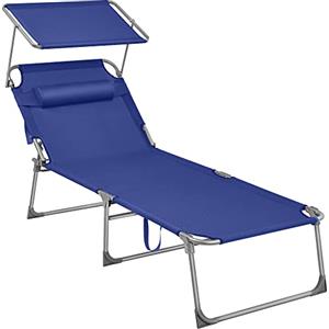SONGMICS Lettino Prendisole Largo, Sedia a Sdraio Pieghevole, 71 x 200 x 38 cm, Max Portata 150 kg, con Poggiatesta Parasole e Schienale Reclinabile, per Terrazzo Piscina Giardino, Blu Scuro GCB22BUV2