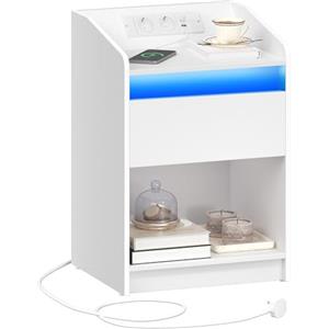 Hzuaneri Comodino con luce LED, Tavolino con stazione di ricarica, 1 cassetto portaoggetti per camera da letto, soggiorno, 2 porte USB, 2 uscite, scomparto aperto, bianco NS04703X1