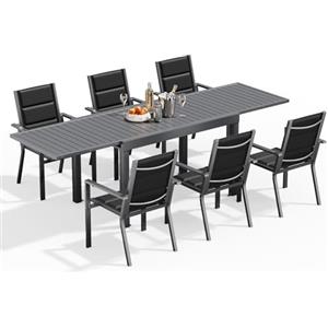 Devoko 6 Persone Set Tavolo e Sedie Da Giardino In Alluminio, 6 Sedie Impilabili In Alluminio e 1 130-260CM Tavolo Da Giardino Allungabile In Alluminio, Set Da Giardino Esterno, Grigio Scuro