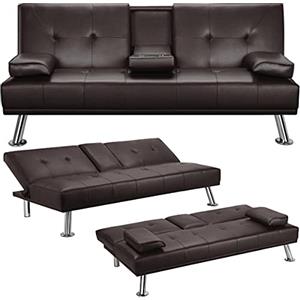 Yaheetech Divano Letto con 2 Cuscini Mobile in Ecopelle Divano Convertibile in Letto Arredamento Pieghevole 3 in 1 con Supporto Centrale Porta Bicchieri 167 × 81,5 × 75 cm da Soggiorno Espresso