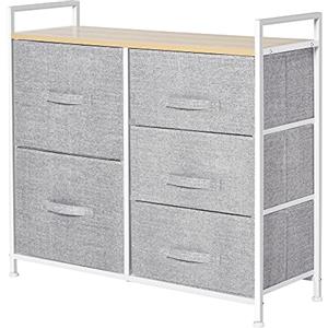 HOMCOM Cassettiera in Metallo Bianco e Legno con 5 Cassetti Pieghevoli e Rimovibili in Tessuto Grigio, 83Lx 29P x 77Acm
