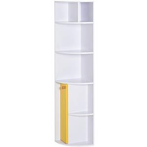 HOMCOM Scaffale Angolare da Parete in Legno Bianco, Mobile Libreria con 5 Ripiani e Armadietto Giallo, Design Moderno, 29.8x29.9x147cm