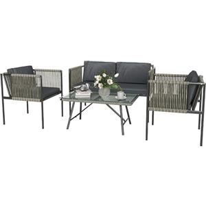 Outsunny Set di Mobili da Giardino in Rattan 4 Pezzi, Salotto da Esterno con Divano a 2 Posti, 2 Poltrone da Esterno, Tavolino da Caffè in Vetro e Cuscini Lavabili, Struttura in Acciaio, Nero/Grigio