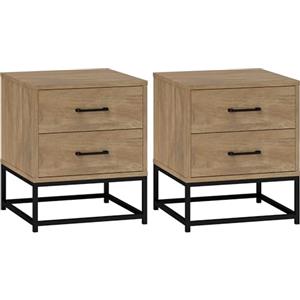 HOMCOM Set di 2 Comodini Camera da Letto con 2 Cassetti, Coppia di Comodini Stile Industriale in Legno e Acciaio, Tavolini per Divano, Soggiorno, Salotto e Camera, 40x39.5x48 cm, Colore Legno