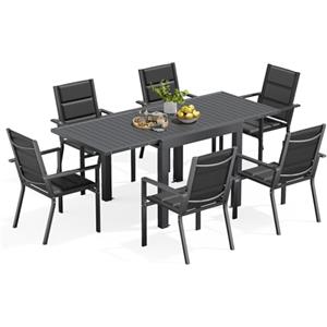 Devoko 6 Persone Set Tavolo e Sedie Da Giardino In Alluminio, 6 Sedie Impilabili In Alluminio e 1 80-160CM Tavolo Da Giardino Allungabile In Alluminio, Set Da Giardino Esterno, Grigio Scuro