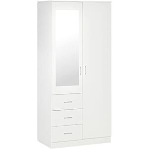 HOMCOM Armadio Moderno Guardaroba 2 Ante con Specchio e 3 Cassetti, Mensole Regolabili e Barra Appendiabiti, 80x50x180cm, Bianco
