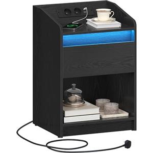 Hzuaneri Comodino con luce LED, Tavolino con stazione di ricarica, 1 cassetto portaoggetti per camera da letto, soggiorno, 2 porte USB, 2 uscite, scomparto aperto, nero NS04804X1