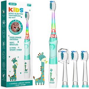 Seago Spazzolino Elettrico Bambini dai 3-12 Anni con Timer di Spazzolamento e Lampade a LED Colorate e 4 Setole Morbide Testine Idea Regalo per Ragazzi e Ragazze SGEK6/SG977 (Verde)