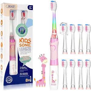 Seago Spazzolino Elettrico Bambini dai 3-12 Anni con Timer di Spazzolamento e Lampade a LED Colorate e 4 Setole Morbide Testine Idea Regalo per Ragazzi e Ragazze SGEK6/SG977 (Rosa FR)