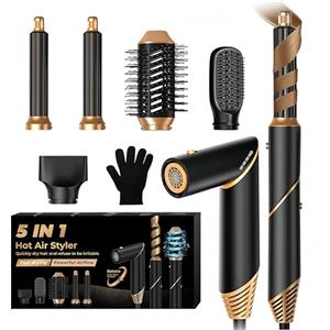 UMIGA Spazzola Ad Aria Calda 5 in 1 Air Styler Spazzola Asciugacapelli [600,00 RPM] Ioni Phon Capelli 1000W, con 5 Accessori per Styling Liscio, Onde, Ricci, Multifunzione Airstyler Hairstyler Set, Nero/Oro
