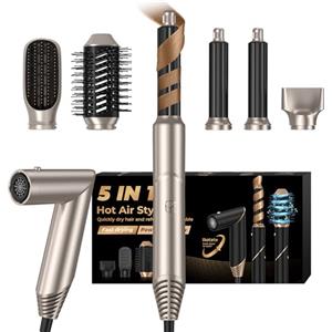 UMIGA Spazzola ad Aria Calda 5 in 1 Air Styler Spazzola Asciugacapelli [600,00 RPM] Ioni Phon Capelli 1000W, con 5 Accessori per Styling Liscio, Onde, Ricci, Multifunzione Airstyler Hairstyler Set, Oro