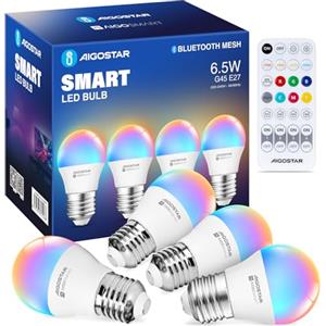 Aigostar Mesh - Lampadine Alexa Bluetooth Mesh 6.5W G45, Lampadina Smart Works with Alexa, Lampadina Alexa E27 LED 555LM RGB & 2700K-6500K, 4 Unità (Con Telecomando Bluetooth)