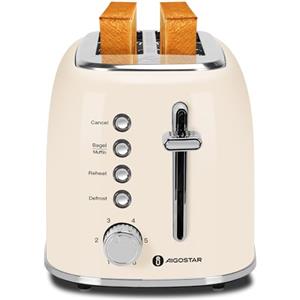 Aigostar Tostapane vintage, 2 fette con fessure extra larghe, 4 funzioni con funzione bagel, tostapane, 6 livelli di tostatura, 800W, acciaio inossidabile, vassoio raccogli briciole rimovibile, Cream