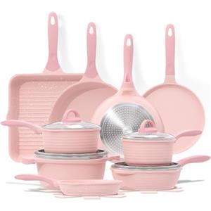 JEETEE Essential Batteria di Pentole 23 Pezzi, Rivestimento Granito-Antiaderente, Set Completo per La Cucina, Set Padelle Antiaderenti per Tutti i Piani Cottura, Pink