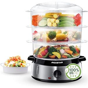 Aigostar Fitfoodie 30INA - Vaporiera Elettrica in Acciaio Inox, con Timer, 9 L Vaporiera, 3 Cestini, 800W, BPA Free Fornetti a Vapore