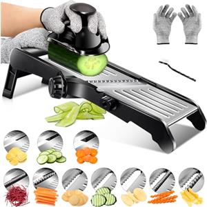 Masthome Mandolina per Verdure Regolabile, 10 in 1 Mandolina Acciaio Inox Professionale con Guanti di Sicurezza, Affetta Verdure Manuale Taglia Verdure Multifunzione per Patate Carote Cavolo Pomodori