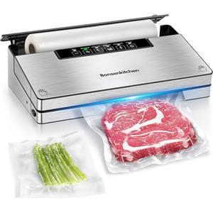 Bonsenkitchen Macchine Sottovuoto Alimenti, 5 Modalità di Sottovuoto Alimenti, 8 L/min, Tecnologia Globefish per Lavoro Continuo ad Alta Velocità, Vuoto Veloce, Stoccaggio Rotoli con Taglierina, 125W