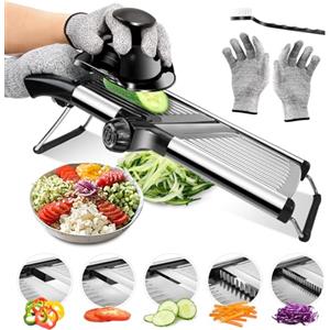 Masthome Mandolina per Verdure Professionale, Mandolina in Acciaio Inox con Guanti di Sicurezza, Spazzola e Lame Regolabile, Mandolina Affetta Verdure Tagliaverdure Manuale per Frutta e Verdura