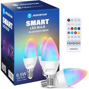 Aigostar Mesh - Lampadine Smart Bluetooth 6.5W C37, Works With Alexa, E14 Candela LED 555LM RGB & 2700K-6500K, 2 Unità (Con Telecomando Bluetooth)