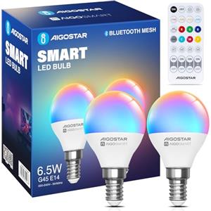 Aigostar Mesh - Lampadine Alexa Bluetooth Mesh 6.5W G45, Lampadina Smart Works with Alexa, Lampadina Alexa E14 LED 555LM RGB & 2700K-6500K, 2 Unità (Con Telecomando Bluetooth)