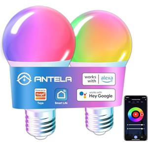 ANTELA Lampadina WiFi Intelligente E27, 9W 1000 Lumen Lampadine Led Smart Alexa Multicolore RGBCW Dimmerabile 2700-6500K, Funziona con Alexa e Google Home, Telecomando con APP, 2Pezzi