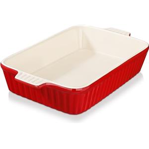 MALACASA Pirofila da forno, teglia da forno in ceramica da 3 QT, teglia rettangolare profonda per lasagne con manici per cucinare servire torte da cucina, rosso, serie BAKE.BAKE (20,3 x 30,5 cm)