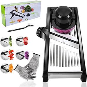 Masthome Mandolino Affetta Verdure, Tritatutto Regolabile, in Acciaio Inox per Patate, Carote, Cipolle, Cavoli - Fornito con Guanti di Sicurezza e Spazzola per la Pulizia