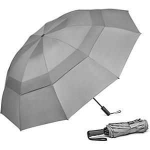 G4Free Ombrello da golf compatto da 157 cm, 10 stecche, antivento, per pioggia, doppia copertura, apertura automatica, chiusura automatica, grigio