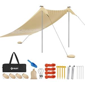 VILLEY Tenda da Spiaggia Lycra 2m x 2,4m, UPF50+ Protezione UV Tendalino Parasole da Spiaggia con Kit di Fissaggio per 3 Persone, Adatto per Spiaggia, Campeggio, Pesca (Cachi)