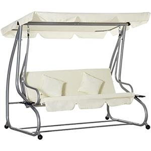 Outsunny Dondolo da Giardino convertibile in Letto a Dondolo, Dondolo 3 Posti in Acciaio e Poliestere con Tetto Regolabile e 2 Portabicchieri, 200x120x164 cm, Crema