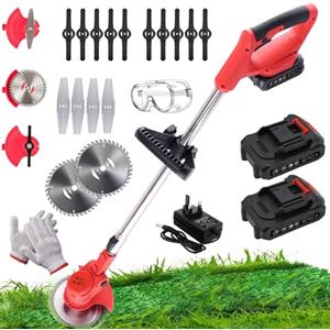 TWZ Decespugliatore a batteria per giardino con 2 batterie e 16 lame, tagliaerba elettrico 3 in 1 con 3 tipi di lame sostituibili, per falciare, bordare e segare prati e arbusti