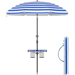SONGMICS Ombrellone 160 cm di Diametro, Ombrellone da Spiaggia, Protezione Solare UPF 50+, Inclinabile 30°, Altezza Regolabile, con Ripiano e Gancio, per Giardino, Senza Base, Blu e Bianco GPU0080Q02