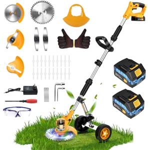 Fovendi Decespugliatore a batteria 21V Tagliabordi a Batteria con 2Batterie 4 Tipi di Lame Tagliabordi Elettrico con 90°Testata Regolabile Maniglia Telescopica Decespugliatore Elettrico con Ruote per Giardino