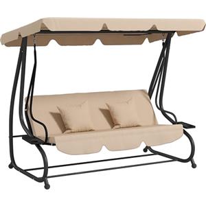 Outsunny Dondolo da Giardino 3 Posti Convertibile in Letto con Tetto Regolabile e Portabicchieri, Dondolo da Esterno in Acciaio e Poliestere, 200x120x164 cm, Marrone Chiaro