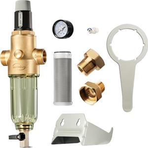 iSpring WSP50PRG Prefiltro per Sedimenti da 3/4''-1'' con Regolatore di Pressione, Filtro per Acqua a Rotazione Riutilizzabile per Tutta la Casa, Ottone Senza Piombo, Prefiltro Lavabile da 50 Micron