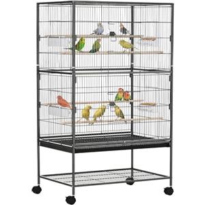 PawHut Gabbia per Uccelli da Interni in Acciaio e Legno con Vassoio Estraibile, 4 Ruote, Trespolo e Contenitore per Alimenti, 78x52x132cm, Grigio Scuro