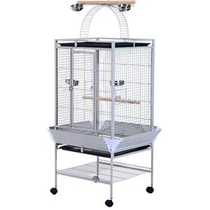PawHut Voliera per Uccelli con Ruote Altezza 161.5cm, Vaschette in Acciaio e Trespoli in Legno, Argento