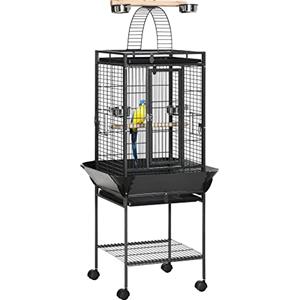 PawHut Gabbia per Pappagallini con 2 Posatoi in Legno e Scala ad Arco, Gabbia per Uccelli in Acciaio a Ingressi Multipli, 62.5x62.5x156 cm, Grigio