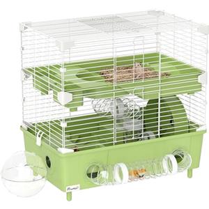 PawHut Gabbia per Criceti a 2 Livelli e 3 Porte con Ruota, Lettiera e Tubi di Gioco, Gabbia per Roditori in Acciaio, PS e PP, 44.5x28x44 cm, Verde e Bianco