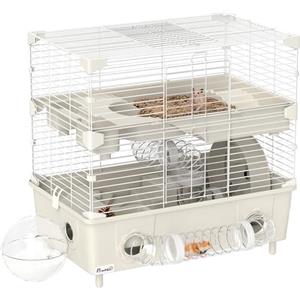 PawHut Gabbietta per Criceto a 2 Livelli e 3 Porte con Ruota, Lettiera e Tubi di Gioco, Gabbia per Animali in Acciaio, PS e PP, 44.5x28x44 cm, Crema e Bianco