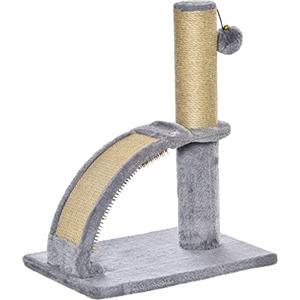 PawHut Albero Tiragraffi per Gatti con Arco Massaggiatore e Pallina Sospesa, Tappetino Tiragraffi e Palo in Iuta, Palestra per Gatti con Rivestimento in Peluche, 34x24x43 cm, Grigio