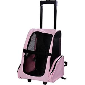 PawHut Trasportino Zaino 2 in 1 per Cani e Gatti con Tasche Laterali, Maniglia Telescopica e Ruote, 42x25x55cm, Rosa