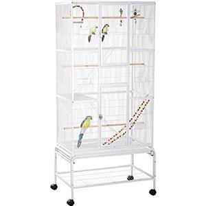 PawHut Gabbia per Uccelli in Acciaio e PP con Posatoi, Giocattoli, Contenitori per Cibo e Vassoio Removibile, 83x53x180 cm, Bianco