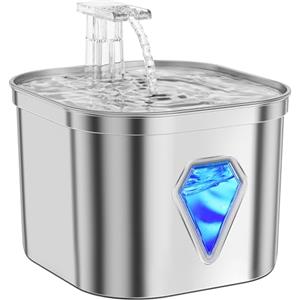 Tyonto Fontana per Gatti in Acciaio Inox con Luce LED, 2,5 L, Ultra Silenziosa, Alimentato via USB, Fontana d'Acqua e Carbone Attivo, Filtrazione a 5 Livelli, per Gatti e Cani