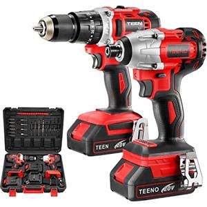TEENO Trapano a percussione + Trapano chiave a urto,100 Nm, Trapano avvitatore a batteria TEENO Trapano a impulsi 2 batterie 2,0 Ah, 1 caricabatterie, 25 accessori, confezione da 2 attrezzi